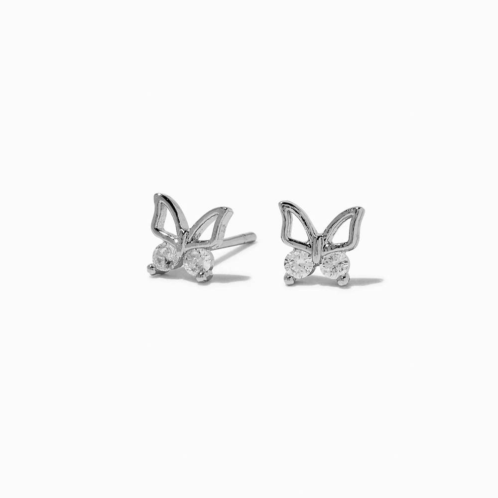 Silver-tone Cubic Zirconia Butterfly Outline Stud Earrings