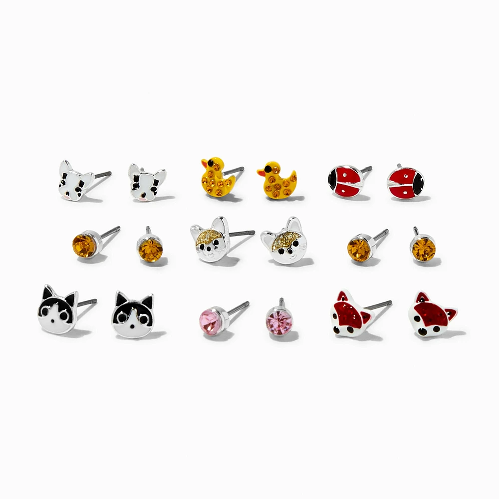 Silver-tone Crystal Critter Stud Earrings - 9 Pack