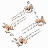 Rose Gold-tone Matte Flower Rhinestone Hair Pins - 4 Pack