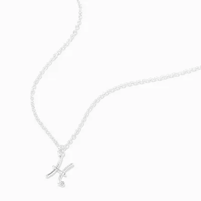 Silver Crystal Zodiac Symbol Pendant Necklace - Pisces