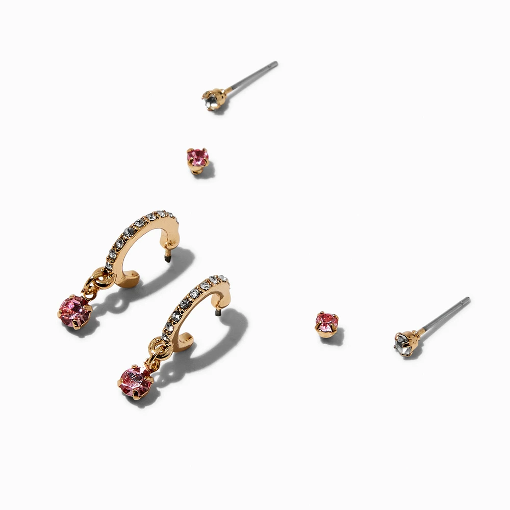 Gold-tone Pink Stone Earring Stackables Set - 3 Pack