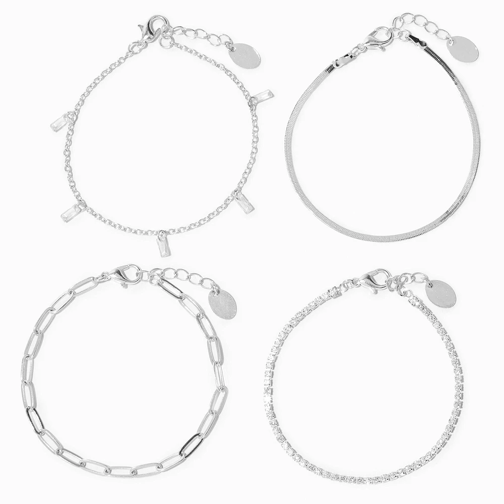 Silver Cubic Zirconia Woven Chain Bracelets - 4 Pack