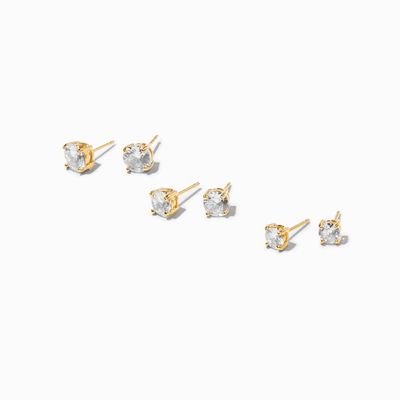 18K Gold Plated Cubic Zirconia Graduated Round Basket Stud Earrings - 3 Pack