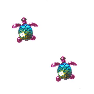 Holographic Scale Turtle Clip On Stud Earrings