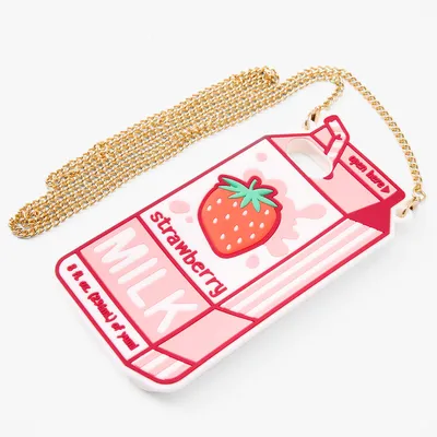 Strawberry Milk Silicone Phone Case with Gold Chain - Fits iPhone 6/7/8/SE