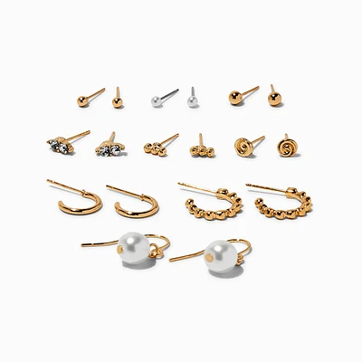 Gold Crystal Swirl & Pearl Mixed Earrings Set - 9 Pack
