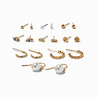 Gold-tone Crystal Swirl & Pearl Mixed Earrings Set - 9 Pack