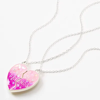 Best Friends Glow In The Dark Pink Confetti Split Heart Necklaces - 2 Pack