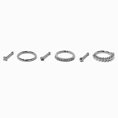 18G Silver-tone Stainless Steel Cubic Zirconia Basic Stud & Hoop Nose Rings - 6 Pack