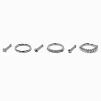 18G Silver-tone Stainless Steel Cubic Zirconia Basic Stud & Hoop Nose Rings - 6 Pack