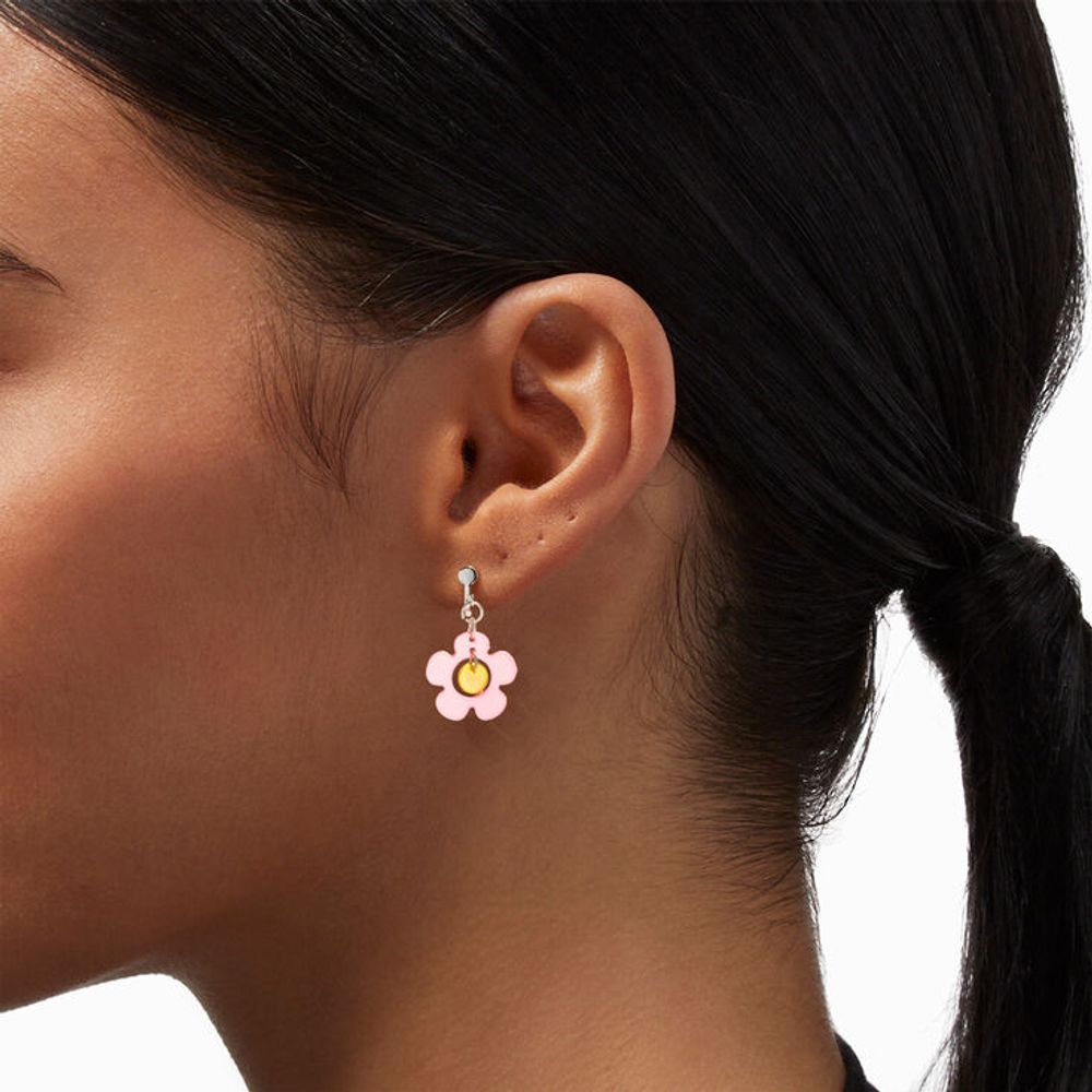 Silver 1" Pink Daisy Clip On Drop Earrings