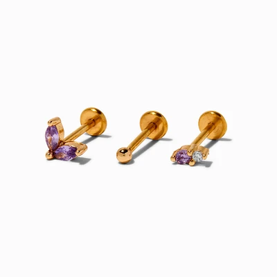 Gold-tone Stainless Steel Purple 18G Threadless Tragus Earring - 3 Pack