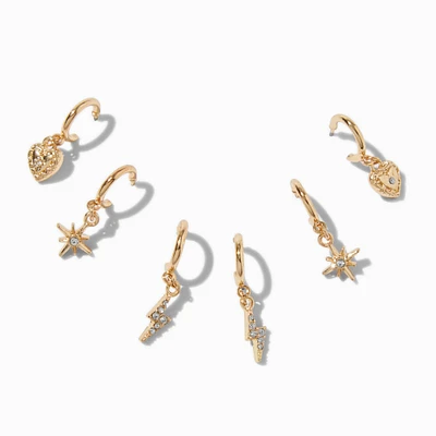 Gold-tone Lightning Bolt, Heart, Starburst Earring Stackables Set - 3 Pack