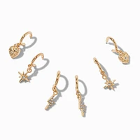 Gold-tone Lightning Bolt, Heart, Starburst Earring Stackables Set - 3 Pack