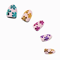 Chrome Floral Short Almond Vegan Faux Nail Set - 24 Pack