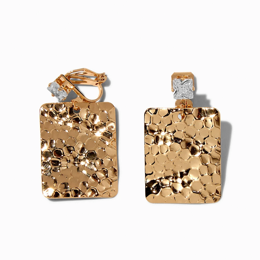 Gold-tone Hammered Square Clip-On Drop Earrings