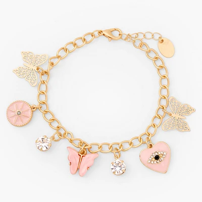 Gold Butterfly Evil Eye Charm Bracelet - Pink