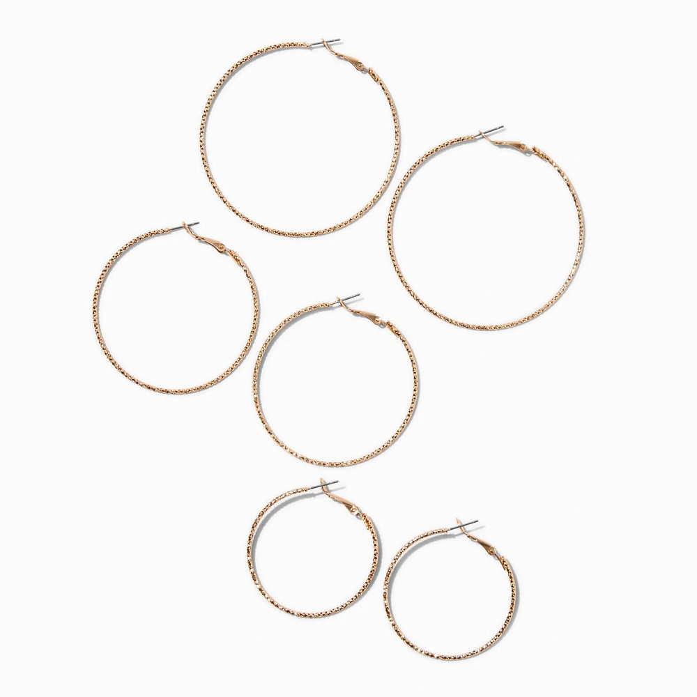 Gold-tone Textured Graduated Hoop Earrings - 3 Pack