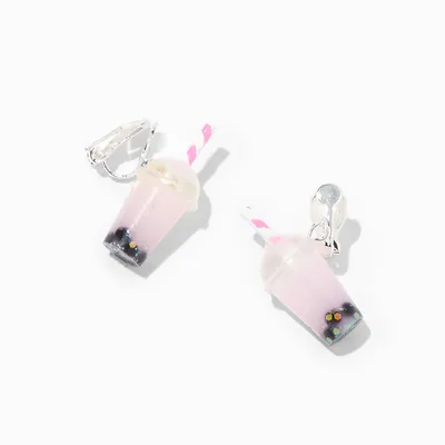 Silver 0.5" Pink Bubble Tea Clip On Drop Earrings