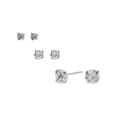 Silver-tone Cubic Zirconia 3MM, 4MM, 6MM Round Stud Earrings - 3 Pack