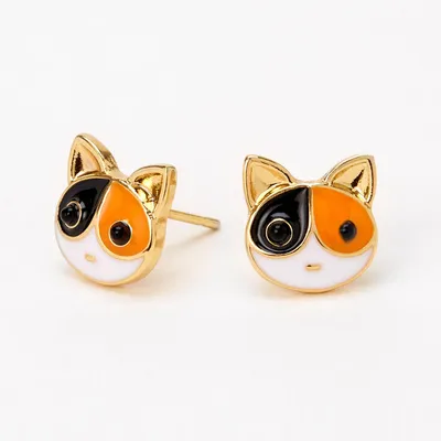18kt Gold Plated Calico Cat Stud Earrings