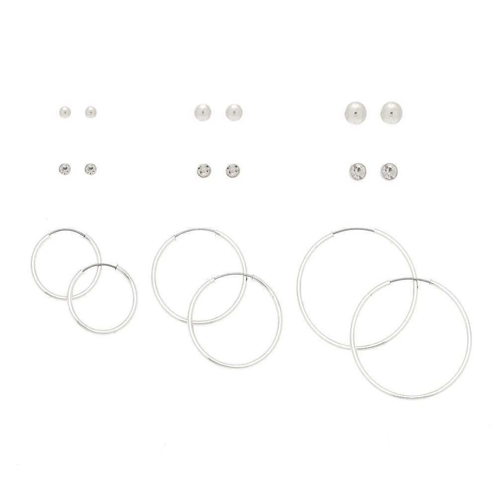 Silver-tone Graduated Crystal Mixed Hoop & Stud Earrings - 9 Pack