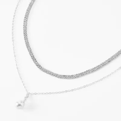 Silver Rhinestone & Pearl Charm Multi Strand Necklace