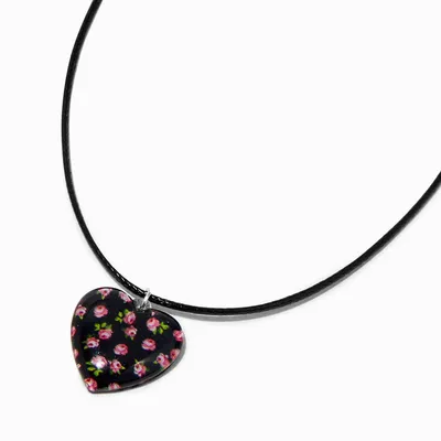Rose Heart Black Cord Pendant Necklace