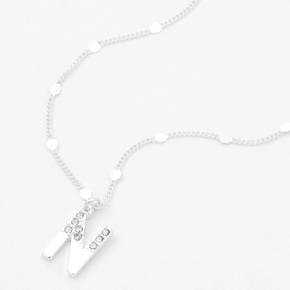 Silver Half Stone Initial Pendant Necklace - N