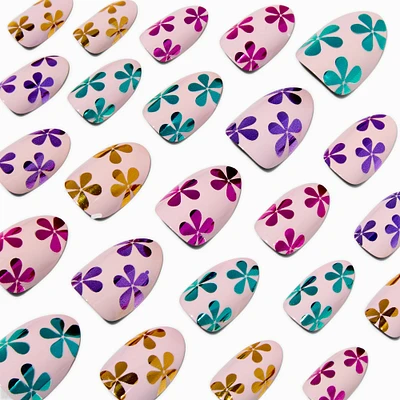 Chrome Floral Short Almond Vegan Faux Nail Set - 24 Pack