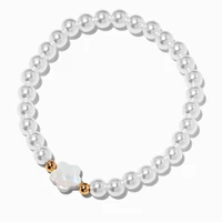 White Flower& Silver-tone Beaded Stretch Bracelet