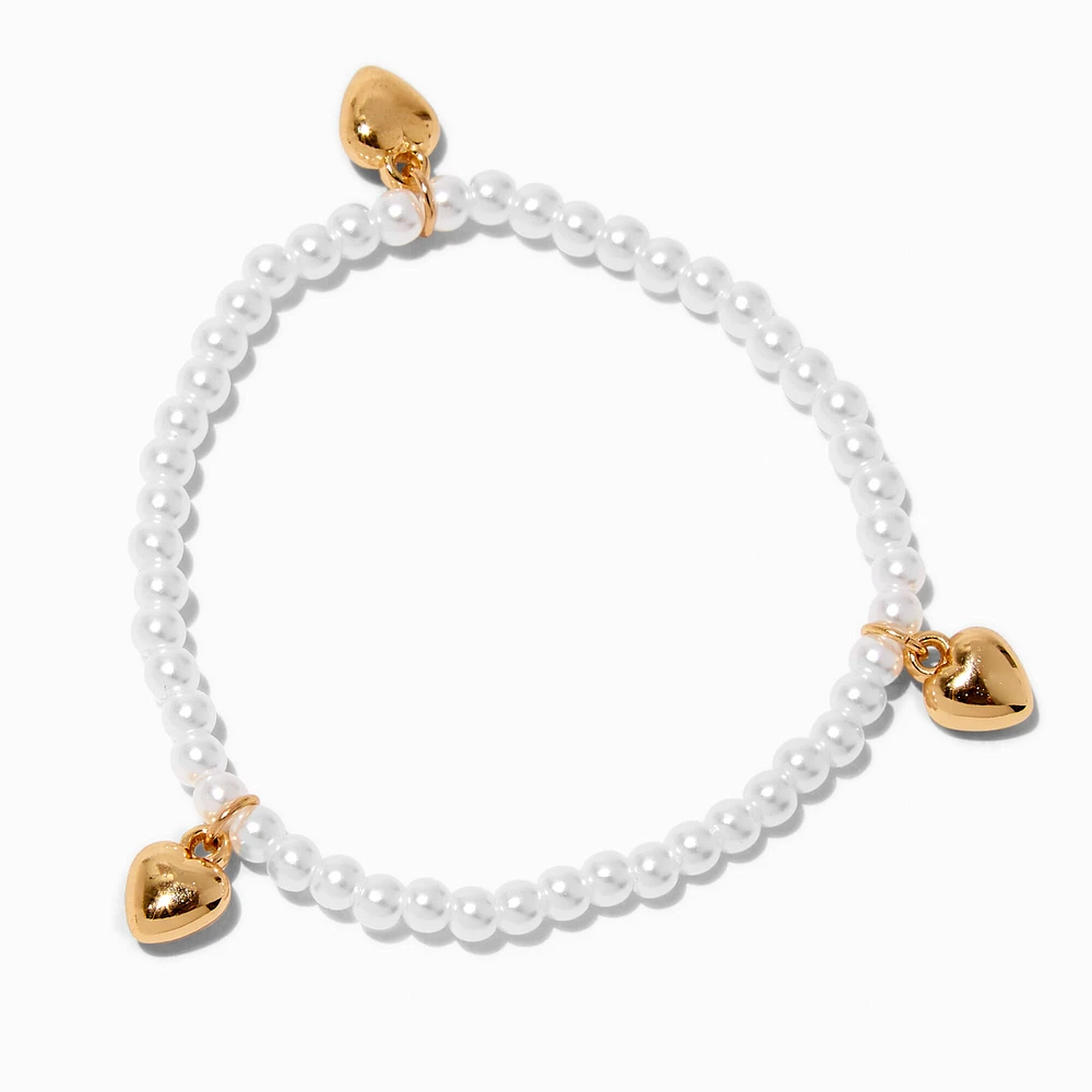 Gold-tone Heart & Pearl Beaded Stretch Bracelet