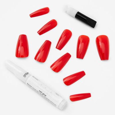 Glossy Red Squareletto Faux Nail Set - 24 Pack