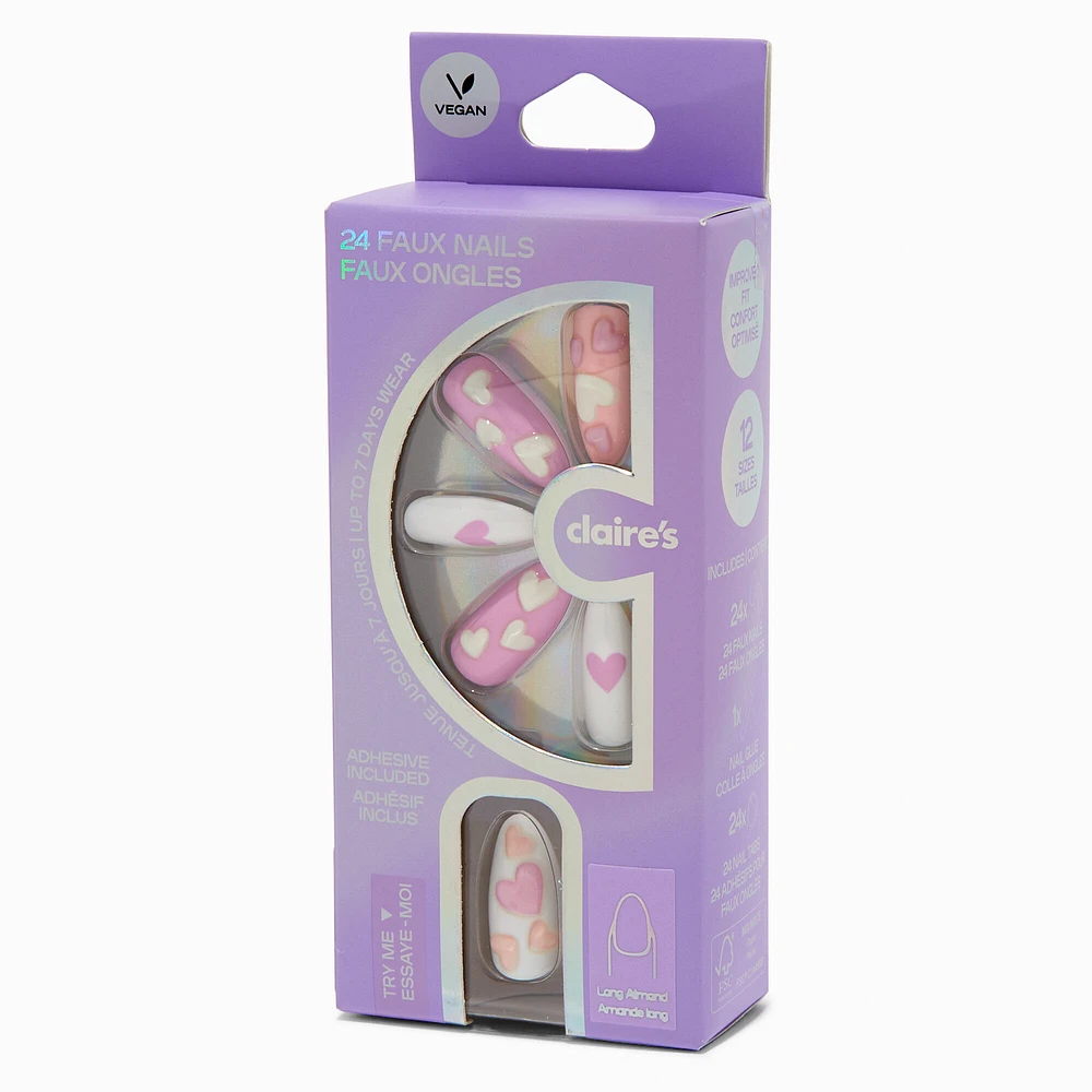 Puffy Heart Long Almond Vegan Faux Nail Set - 24 Pack