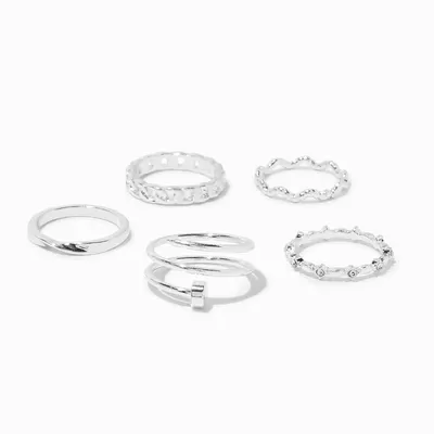 Silver-tone Twisted Nail Rings - 5 Pack