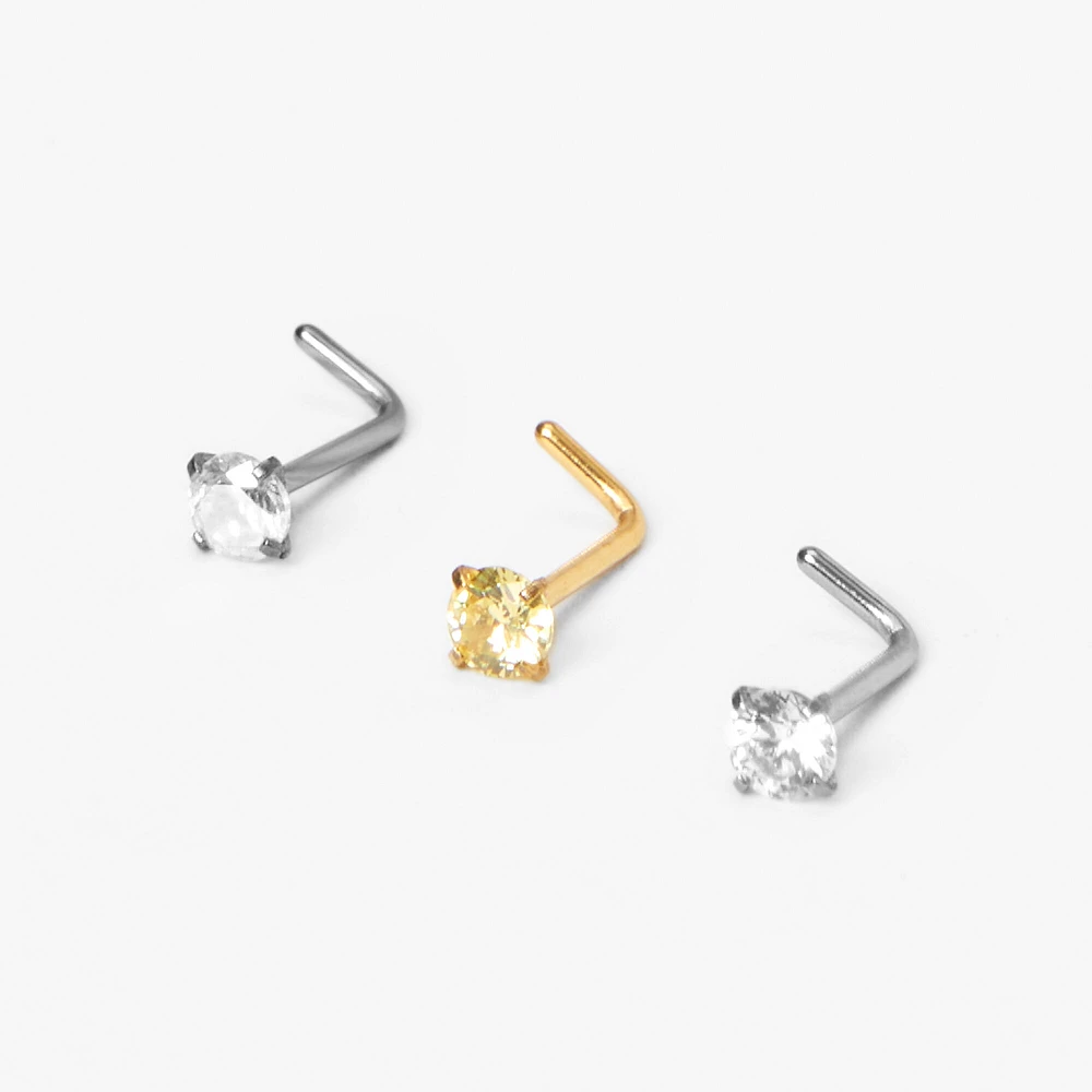 20G Mixed Metal Stainless Steel Crystal Nose Studs - 3 Pack