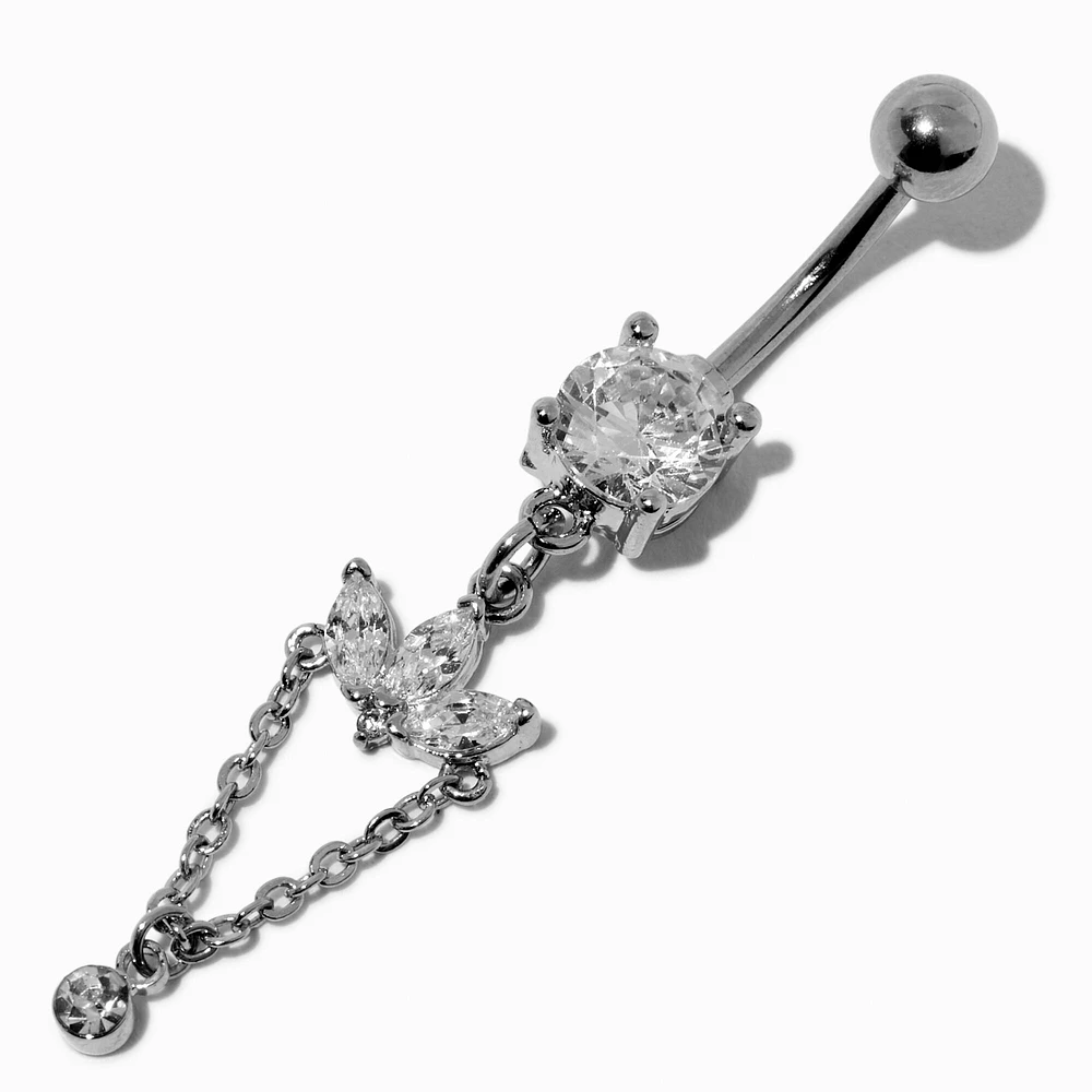 Silver-tone Stainless Steel Crystal Lotus Flower Chain 14G Belly Bar