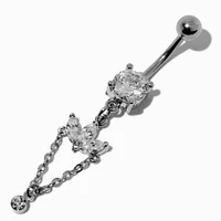 Silver-tone Stainless Steel Crystal Lotus Flower Chain 14G Belly Bar