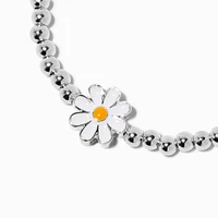 Daisy Charm Silver-tone Shot Bead Stretch Bracelet