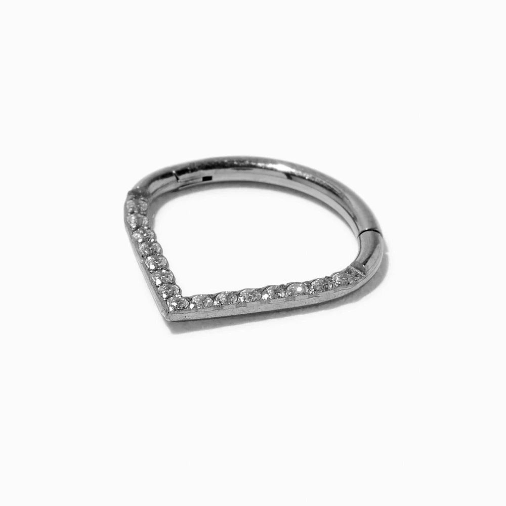 16G Silver-tone Titanium Pointed Crystal Septum Nose Ring