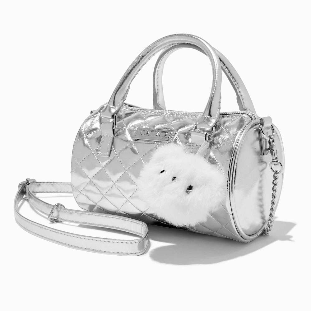 Silver Bear Quilted Barrel Crossbody Bag