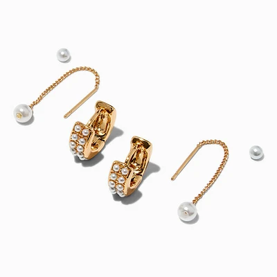 Gold-tone Pearl Threader Hoop Earrings Stackables Set - 3 Pack