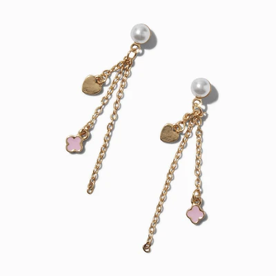 Gold-tone Pink Clover Pearl Chain Drop Earrings