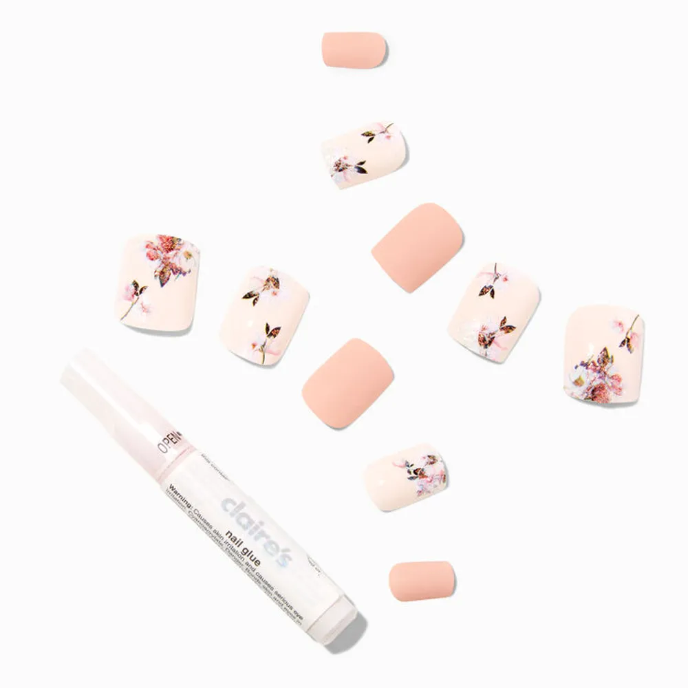 Pink Floral Square Vegan Faux Nail Set (24 pack)
