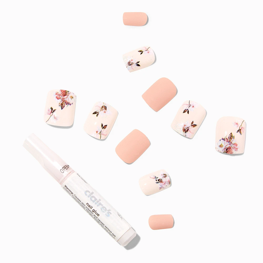 Pink Floral Square Vegan Faux Nail Set - 24 Pack