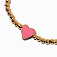 Pink Heart Charm Gold-tone Shot Bead Stretch Bracelet