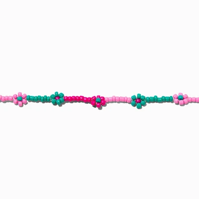 Pink & Green Flower Seed Bead Choker Necklace
