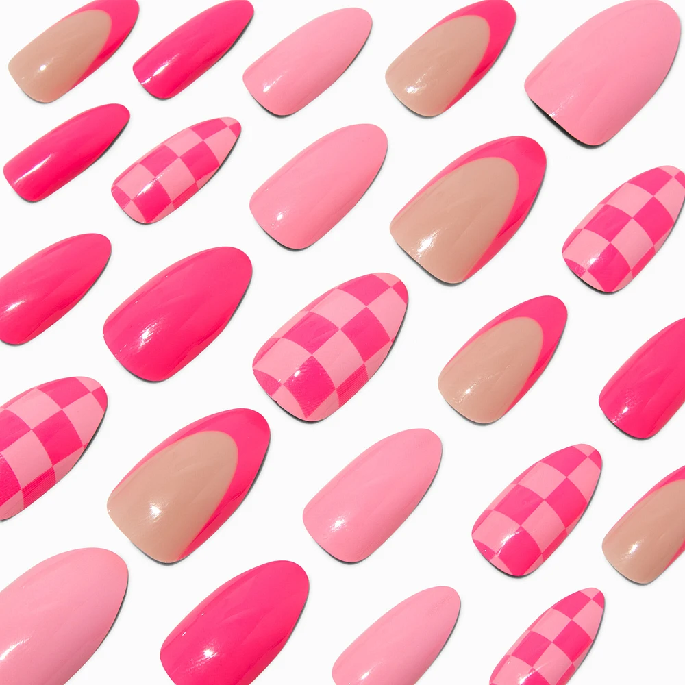 Pink Checkered French Tip Stiletto Vegan Faux Nail Set - 24 Pack