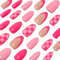 Pink Checkered French Tip Stiletto Vegan Faux Nail Set - 24 Pack