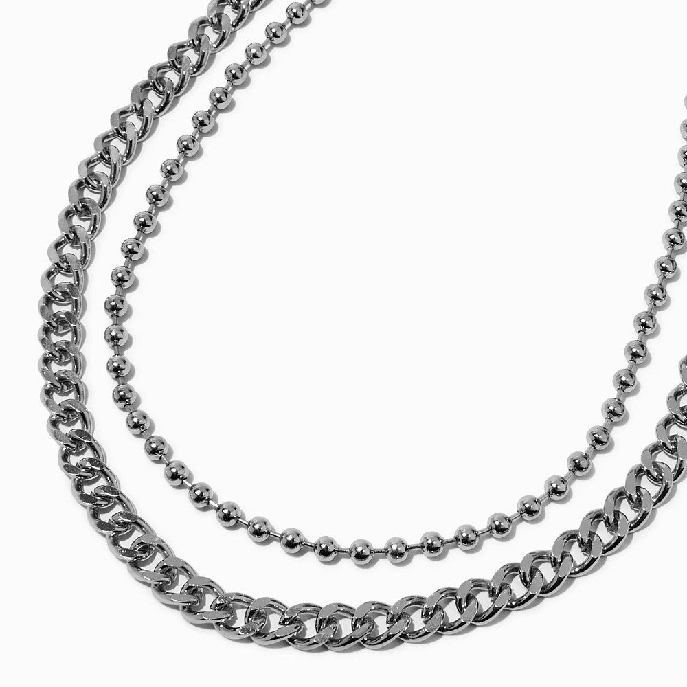 Rhodium Silver-tone Curb & Ball Chain Multi-Strand Necklace